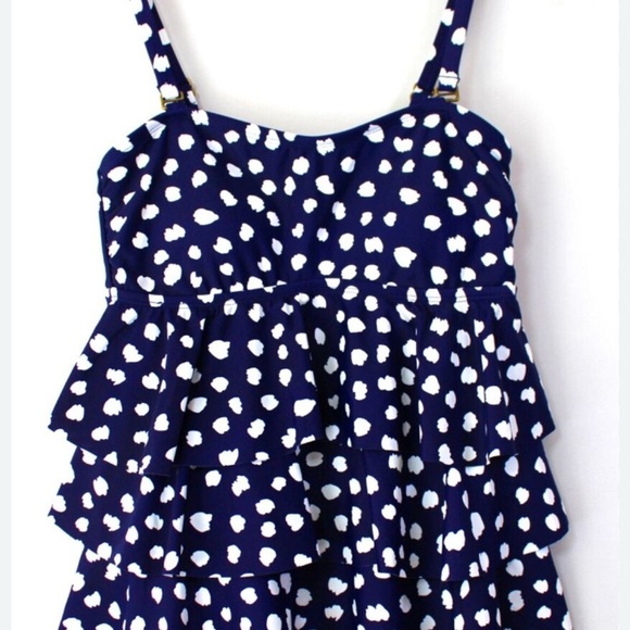 Island Escape Navy Blue Polka Dot Tiered Tankini size 10 swimsuit top ruffles - Picture 1 of 4